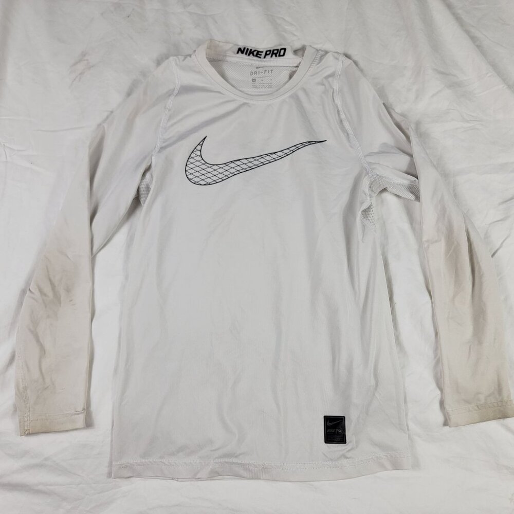 Nike Pro Dri Fit Long Sleeve Compression Shirt Medium White Athletic Gym Workout